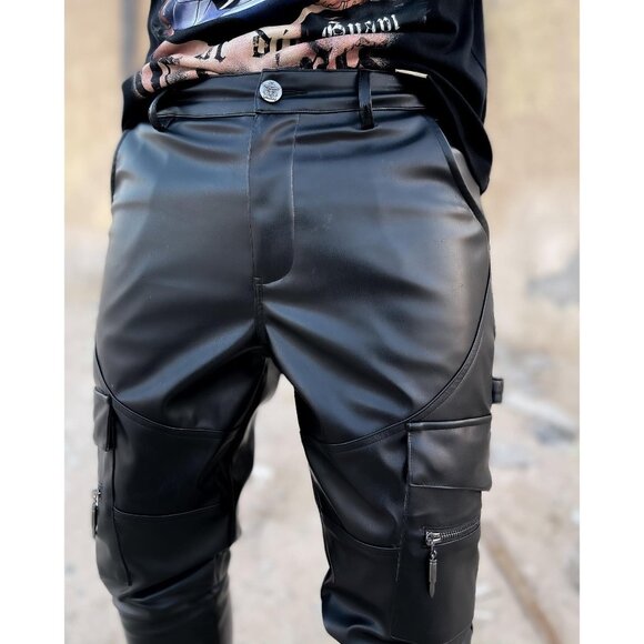 Guapi Mens Black Faux Leather Pants Size 28 Belted Ankle NWT Streetwear  [jb] - Picture 2 of 11